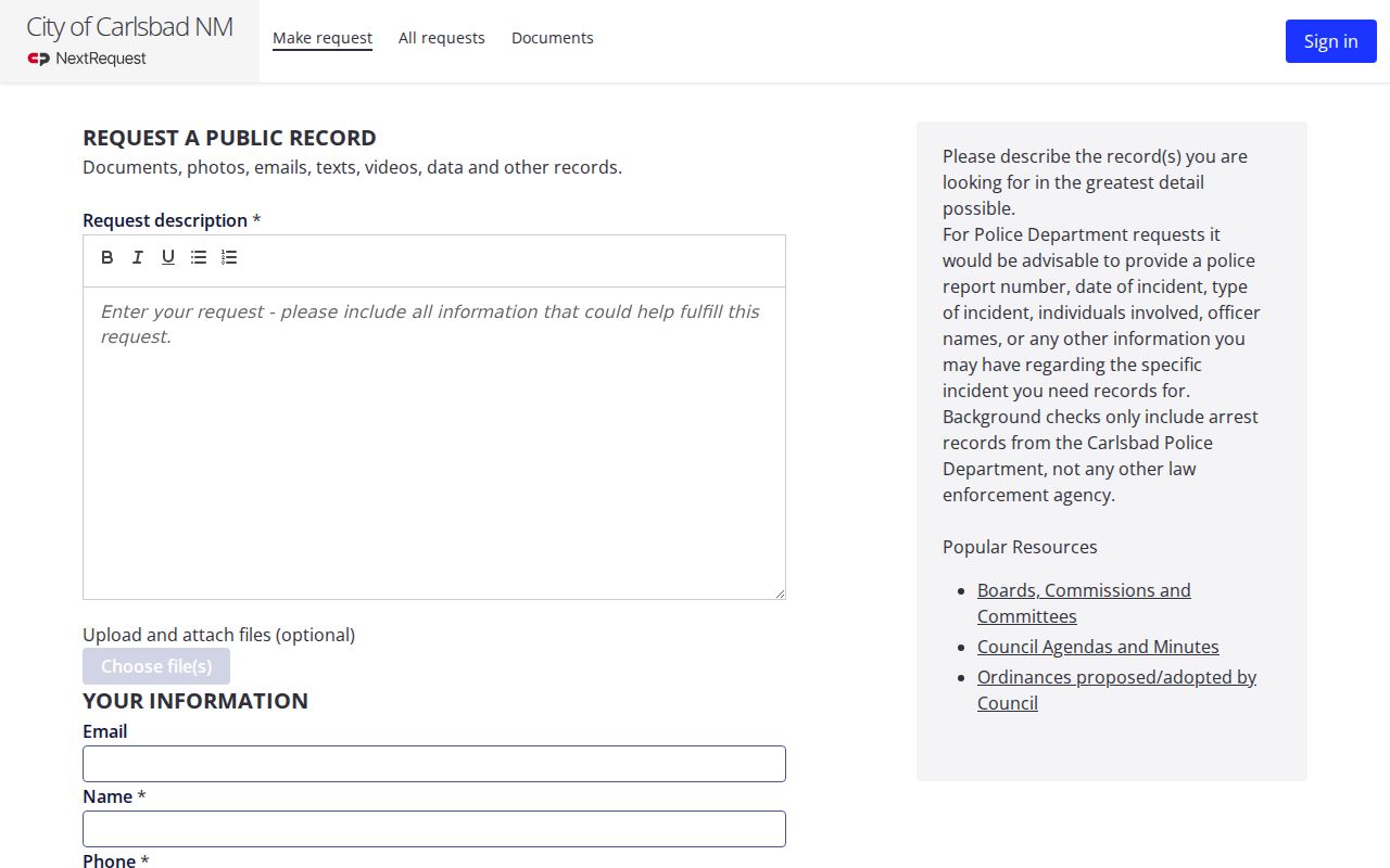 Carlsbad criminal records request submission screen